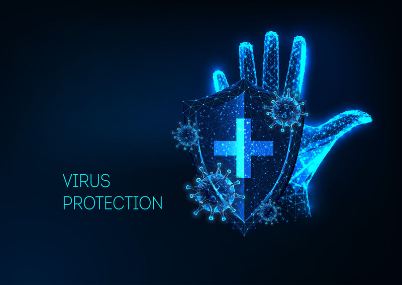 未来的冠状病毒保护概念与发光低多边形人手，盾牌和病毒