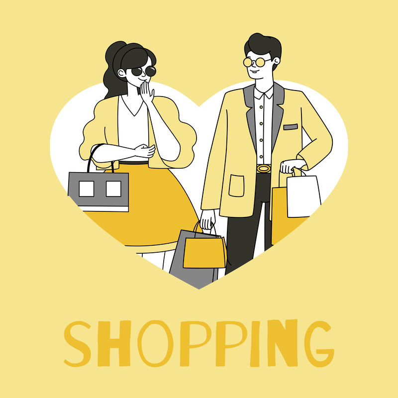 购物传单设计模板。携带购物包的男女矢量轮廓卡通插图。