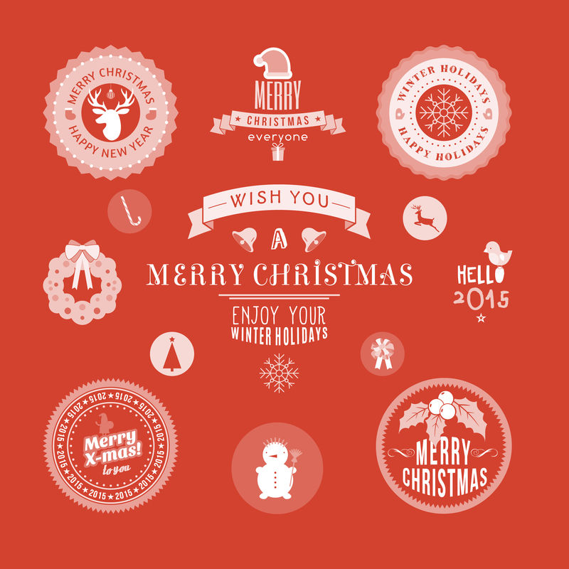 圣诞装饰设计元素、标签、符号、图标、物品和节日愿望