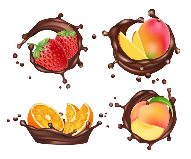 巧克力上点缀着水果和浆果。矢量逼真的橘子和桃子，芒果和草莓巧克力牛奶飞溅设置隔离