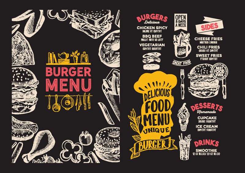 手绘涂鸦餐厅汉堡菜单食品模板