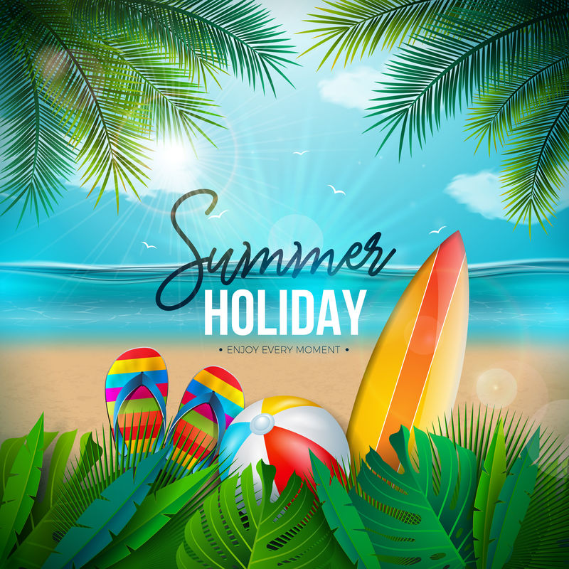 矢量夏季假日插图与海滩球，棕榈叶，冲浪板和印刷字母在蓝海景观背景。暑假设计横幅，传单，请柬，宣传册，派对海报或贺卡。