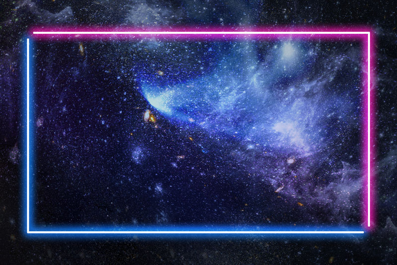 粉红色和蓝色的霓虹灯框架背景是黑暗的银河系