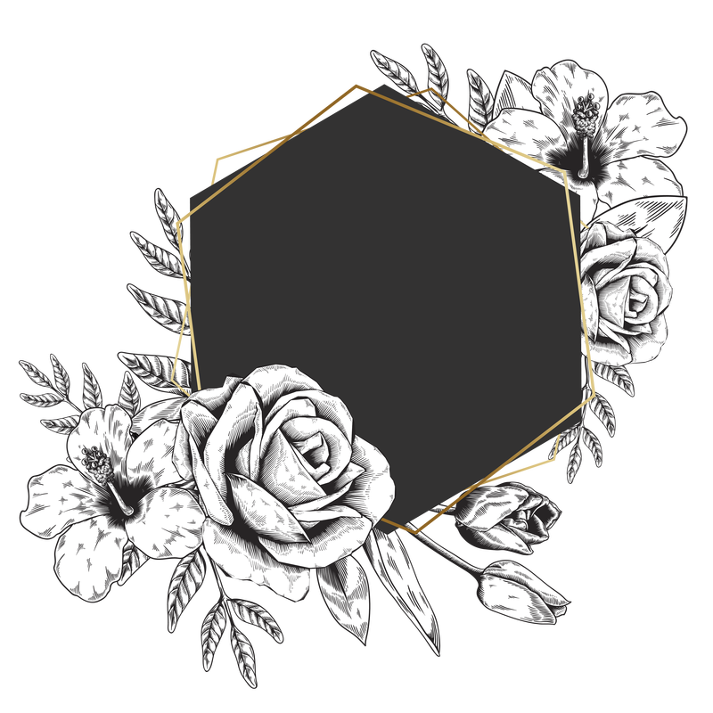 白色花朵图案搭配黑色徽章设计元素