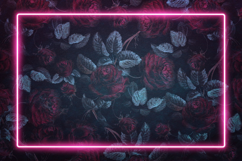 粉红色霓虹灯框架复古深红色玫瑰花背景设计元素