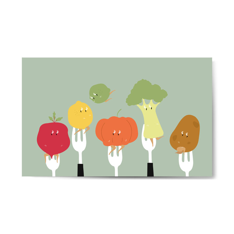 叉子上的新鲜有机蔬菜卡通画