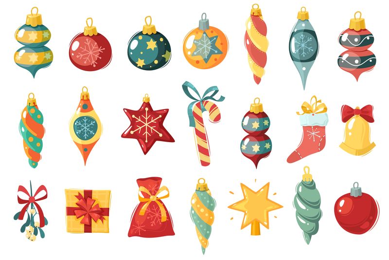 圣诞玩具套装。圣诞玩具和球。不同形状的新年装饰品。卡通风格图标集。矢量图解