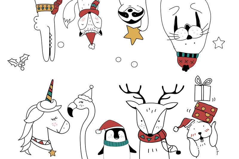 可爱的矢量动物卡通雪地圣诞主题背景