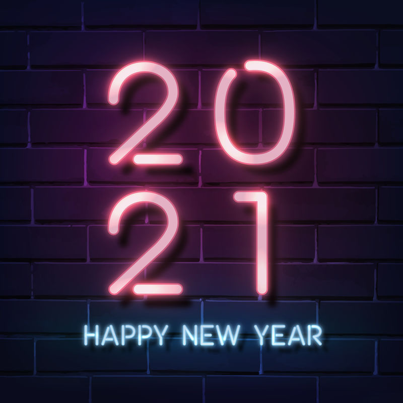 粉色霓虹灯新年快乐2021社交广告模板向量机
