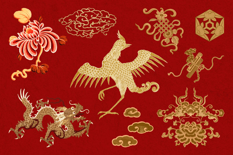 金红色中国艺术动物剪贴套装