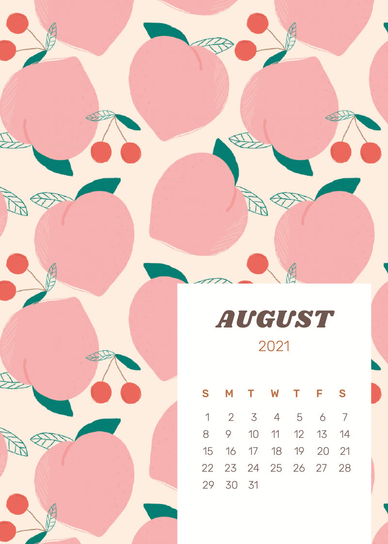 日历2021年8月可编辑海报模板矢量与可爱的桃色背景