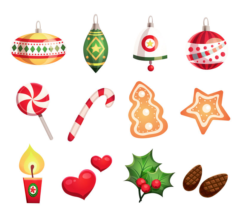 “新年快乐”和“圣诞快乐”矢量设计集装饰元素为一体：绿叶、杉树球果、花环、玩具、螺旋棒棒糖、铃铛、浆果、蜡烛、生姜曲奇、红心、甘蔗糖