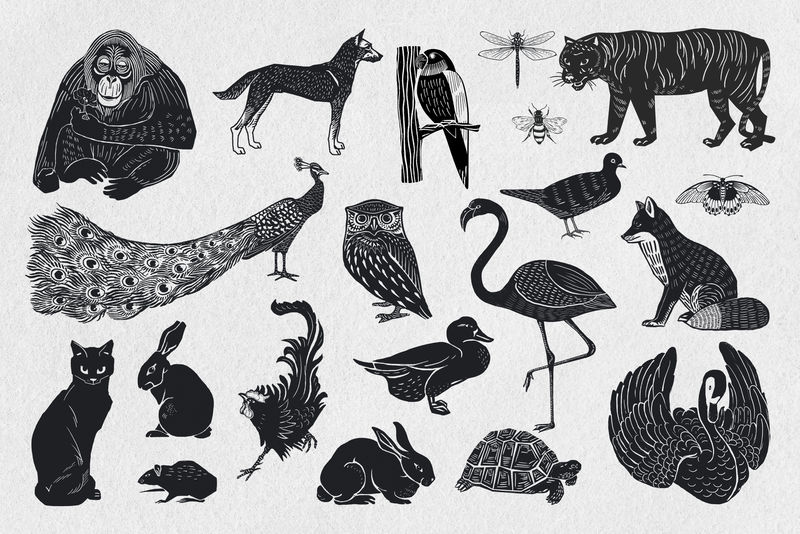 动物psd黑色linocut模板图案绘图集