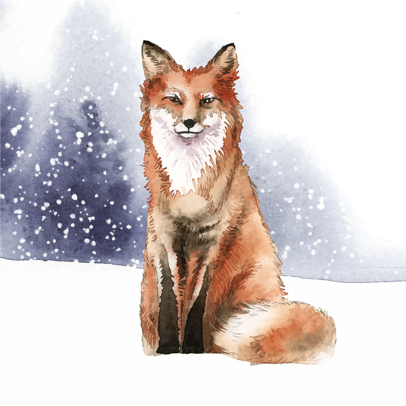 雪地水彩风格手绘狐狸