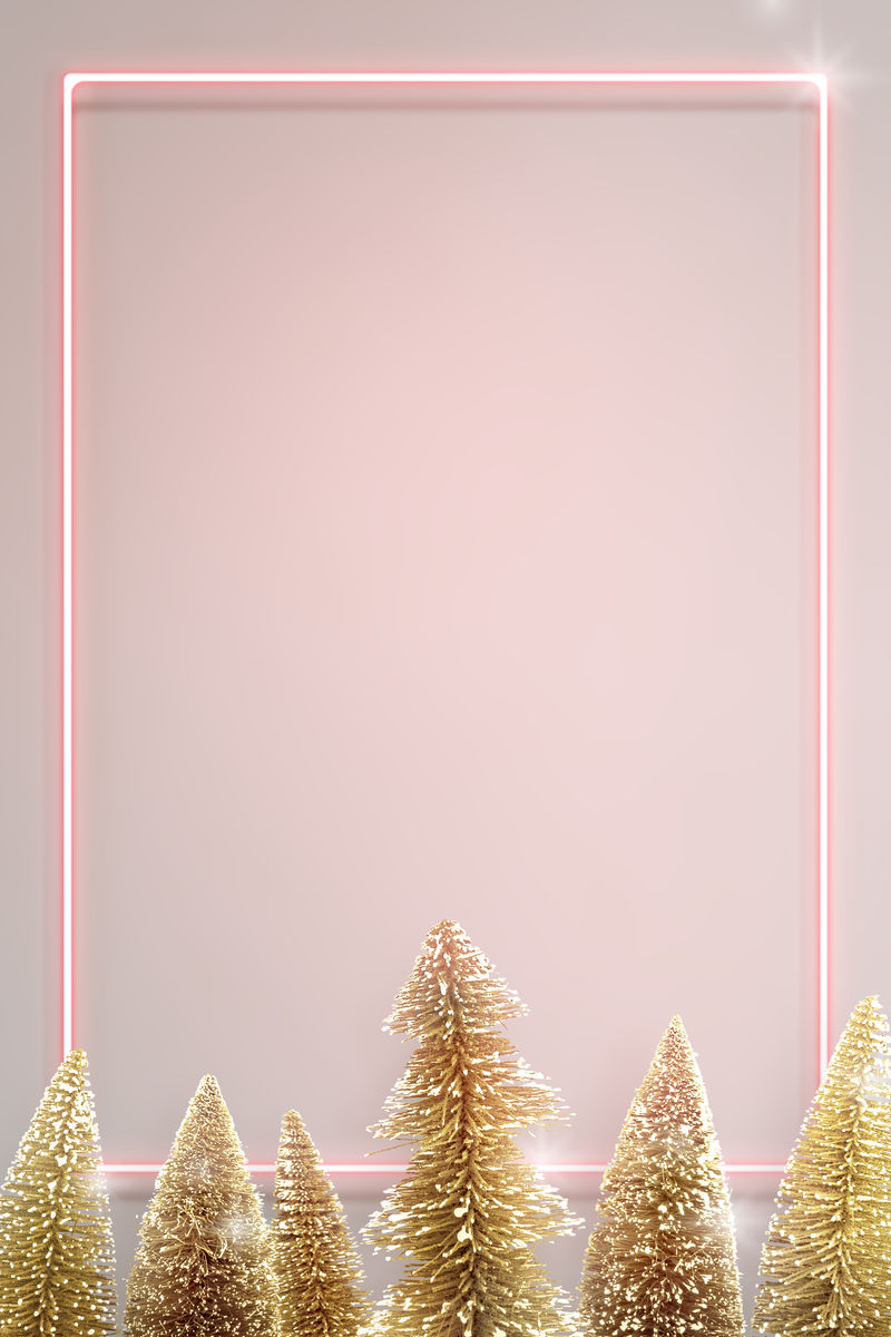 粉红色霓虹灯框架与金色圣诞树背景插图