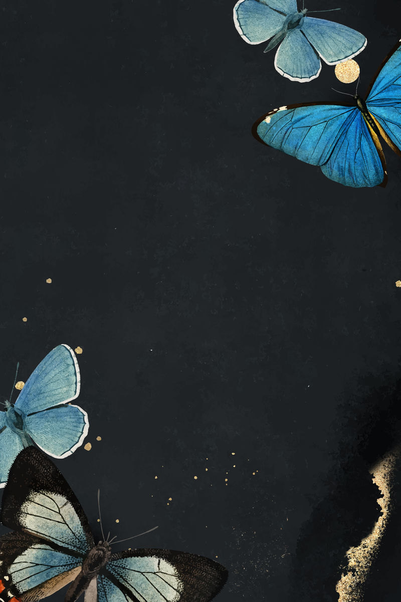 在黑色背景向量上形成图案的蓝色蝴蝶