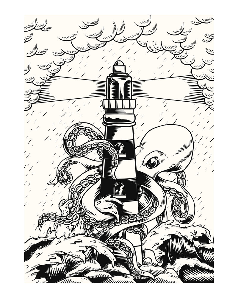 一只巨大的章鱼触角缠绕在灯塔上
