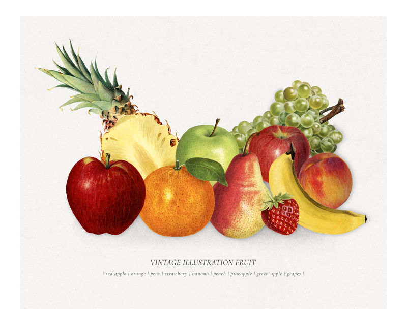 手绘混合热带水果背景插图