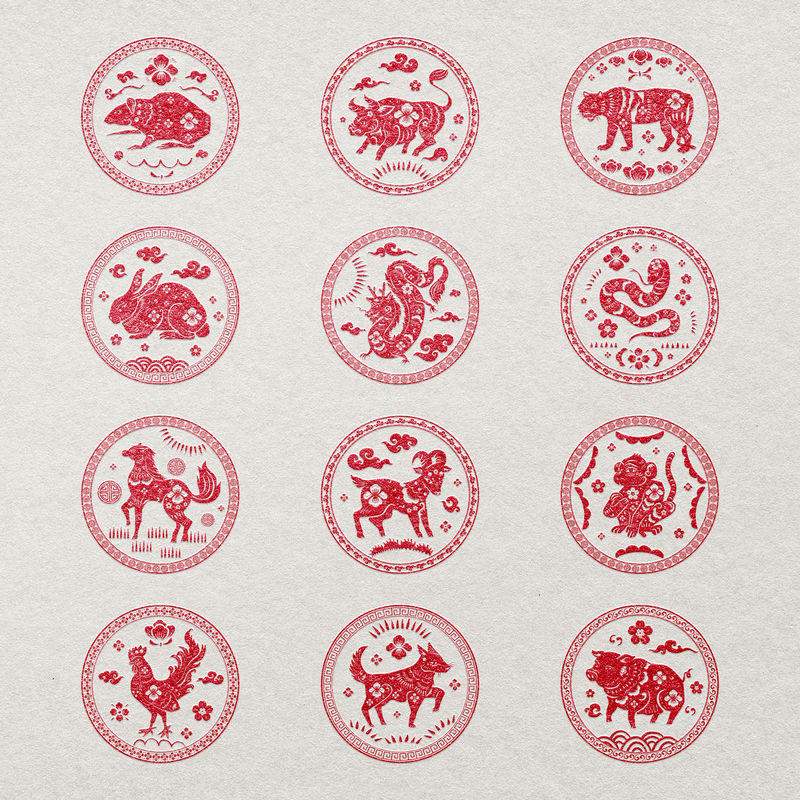 中国动物十二生肖徽章psd红色新年贴纸系列