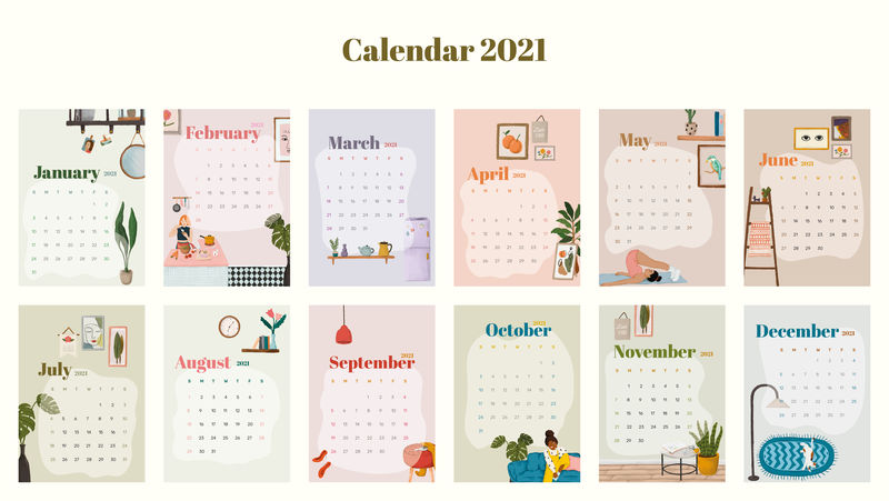 2021年日历可打印模板psd每月设置手绘生活方式