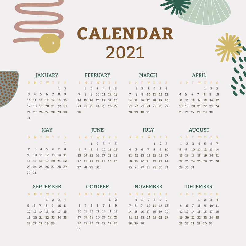 2021年日历可打印模板矢量社交媒体贴集斯堪的纳维亚中世纪背景