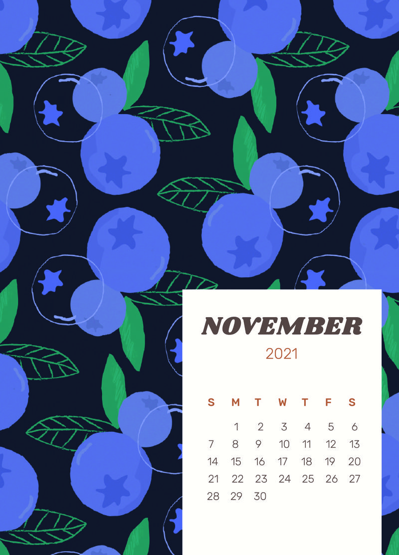 日历2021年11月可打印可爱的psd蓝莓背景