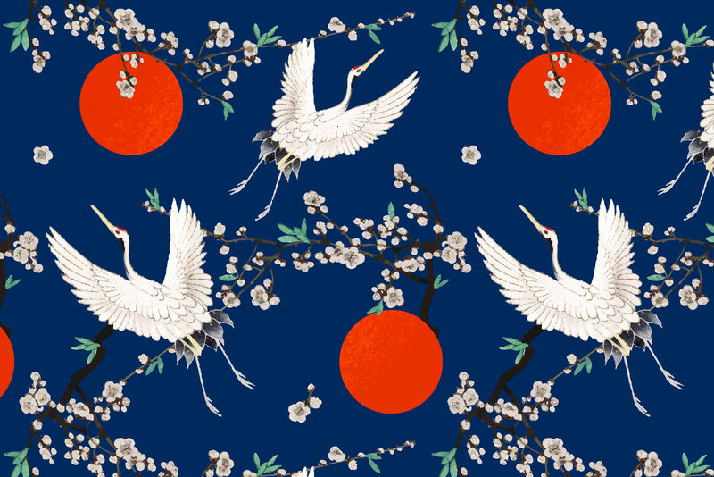 传统的日本仙鹤与梅花图案向量由渡边胜泰艺术作品的混音