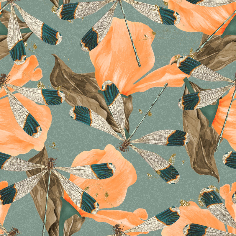 无缝蜻蜓psd叶子图案复古混搭自乔治·肖的《自然主义者》杂志