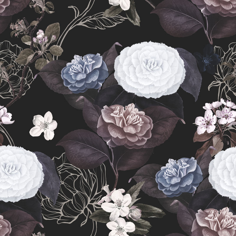黑色背景手绘花卉图案