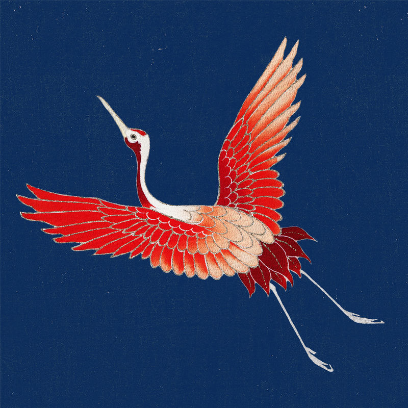 红色日本鹤装饰元素渡边胜泰艺术作品的混音