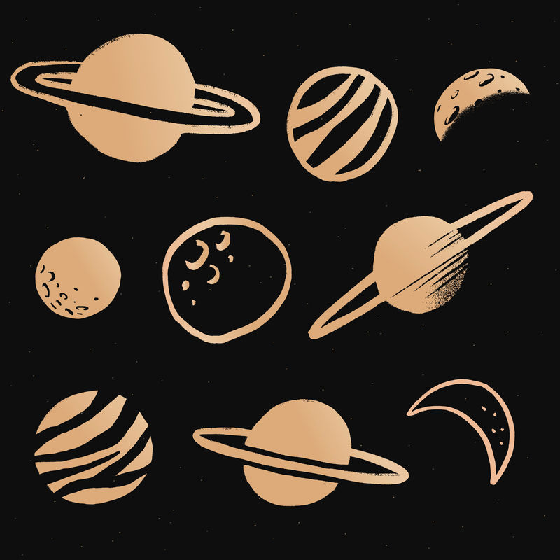 可爱的太阳系金色矢量银河涂鸦插图贴纸