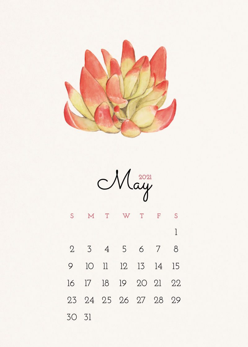 2021年5月可编辑日历模板矢量与水彩仙人掌插图