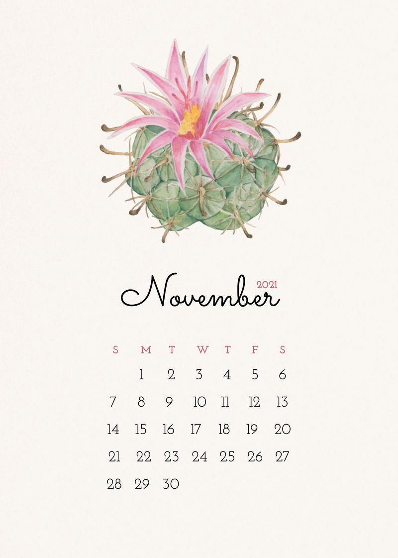 2021年11月可编辑日历模板矢量与水彩仙人掌插图