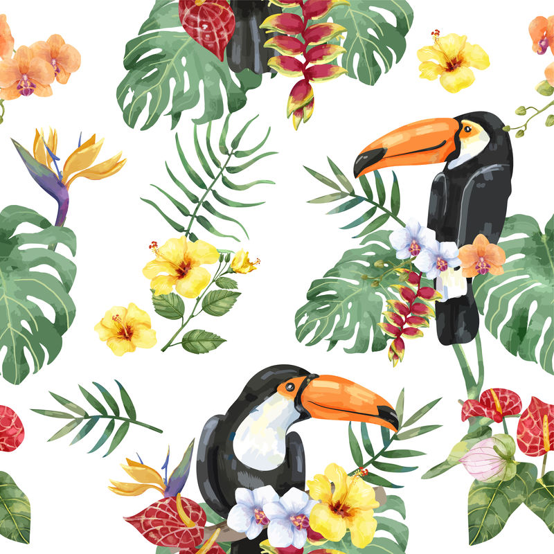 手工绘制热带花卉图案的巨嘴鸟