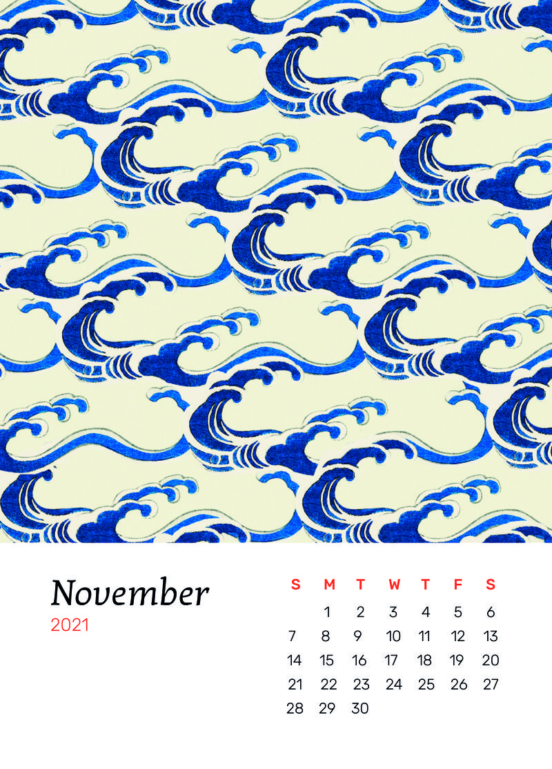 2021年11月Watanabe Seitei制作的带有日本波浪图案混合艺术品的日历可打印psd