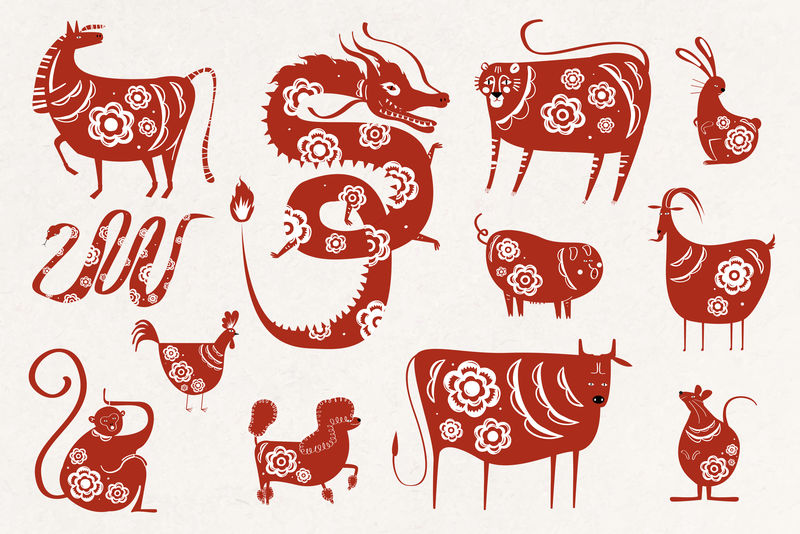 红色动物剪影psd中国新年十二生肖符号收藏