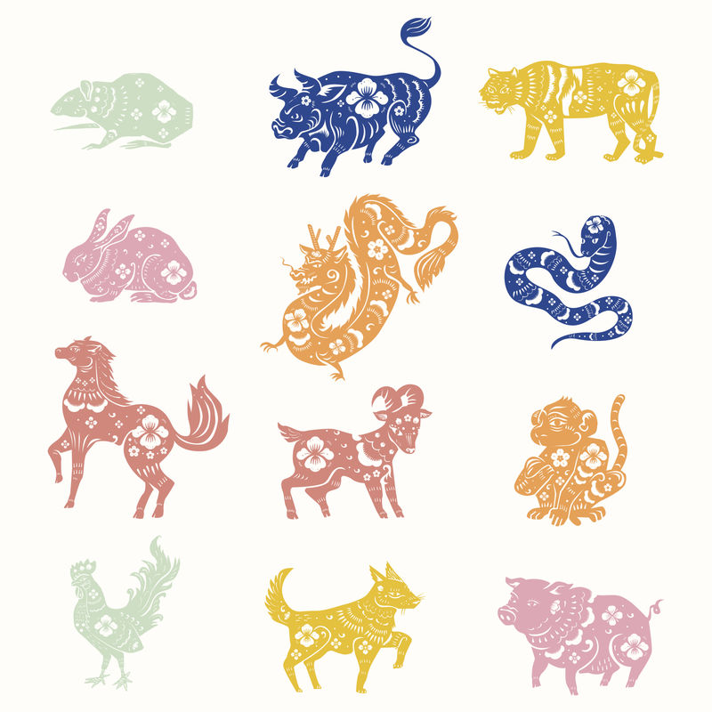 中国新年动物psd彩色动物生肖标志贴纸集