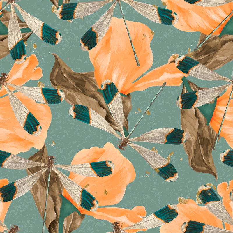 无缝蜻蜓矢量叶图案复古混搭自乔治·肖的《自然主义者》杂志