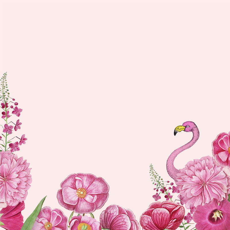 复古花卉和粉红色火烈鸟边框向量