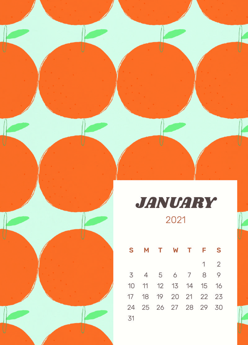 日历2021年1月可打印psd模板与可爱的橙色背景