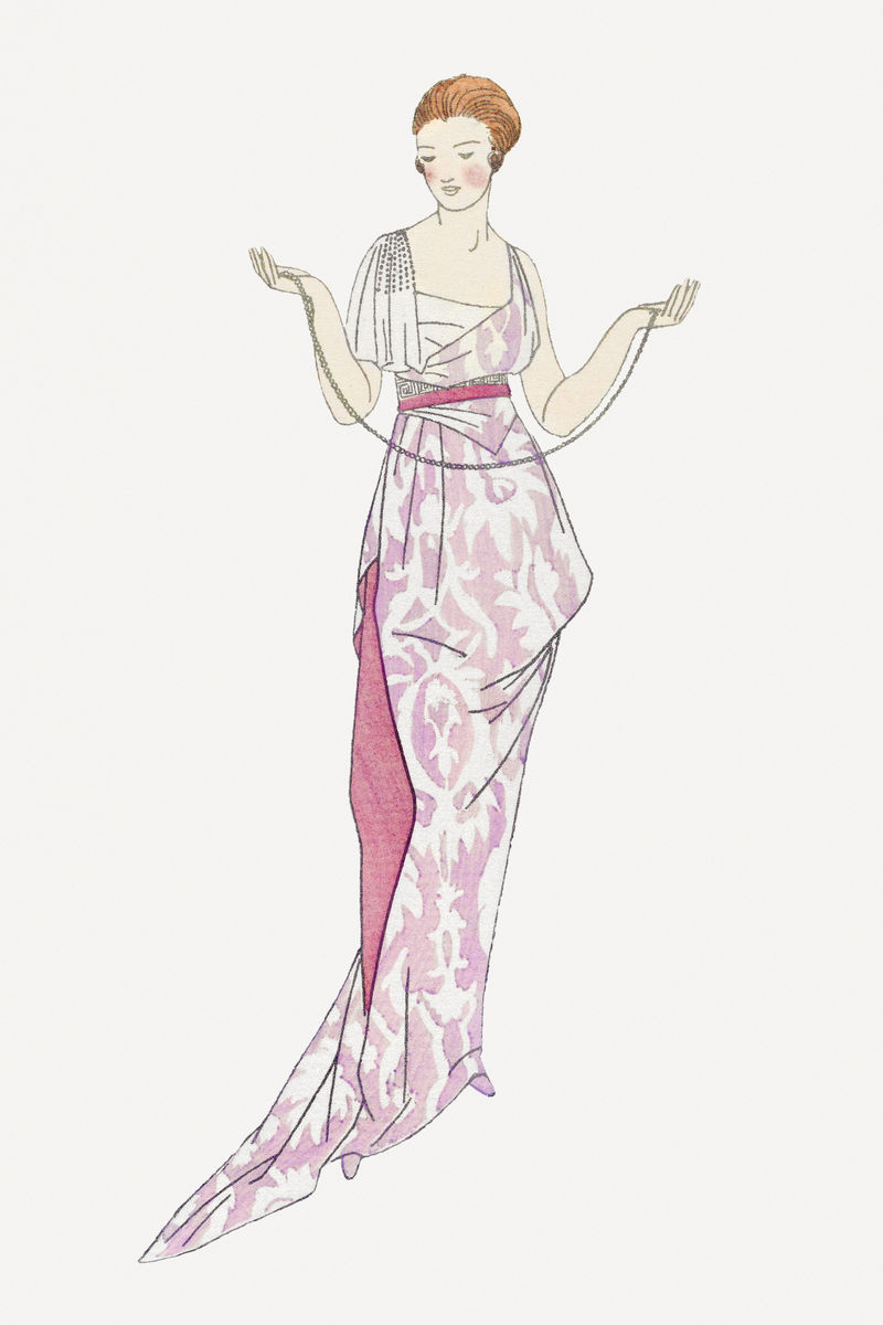 身着粉色挡板裙的女士由Bernard Boutet de Monvel的艺术作品混合而成