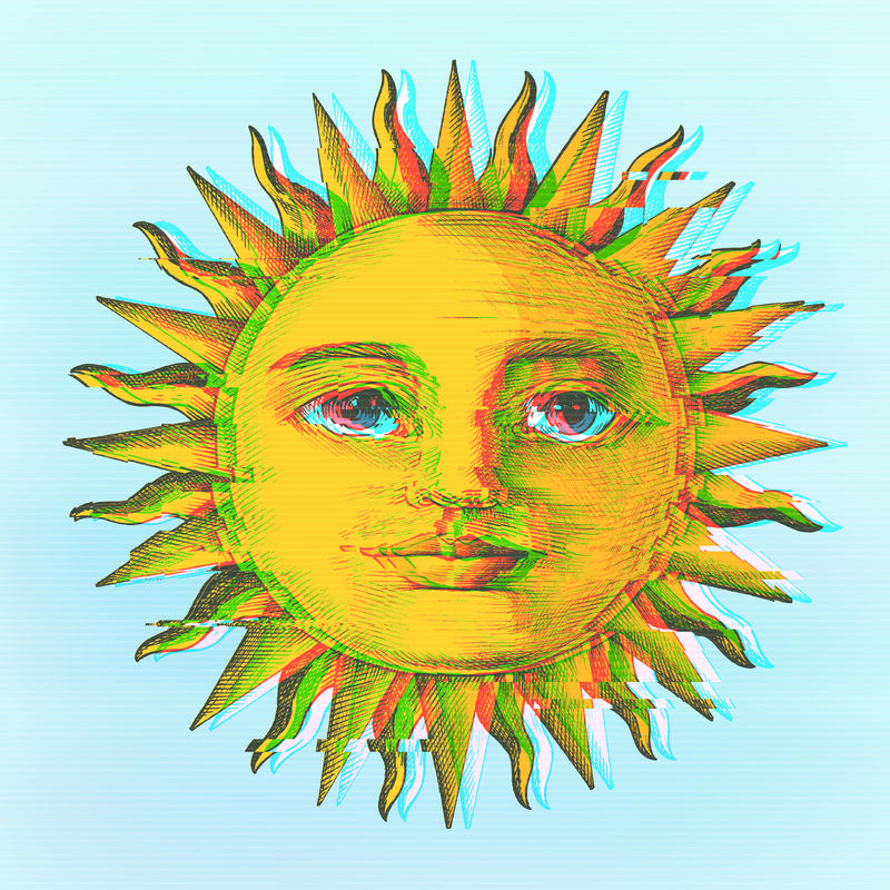 在天蓝色背景上有一张有小故障效果的脸的太阳