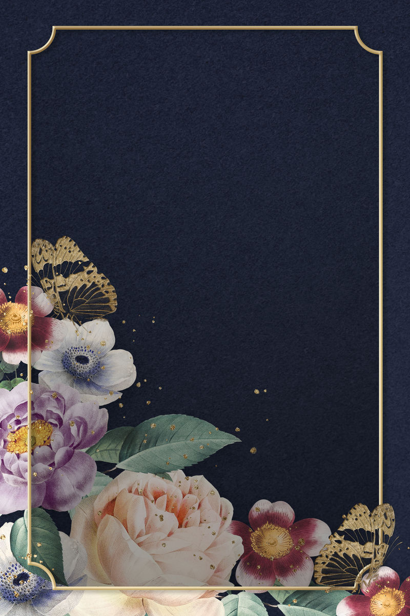 花卉彩色牡丹psd金框水彩海军蓝背景