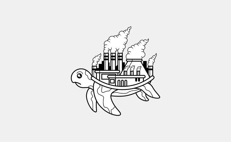 背上有污染工厂的海龟