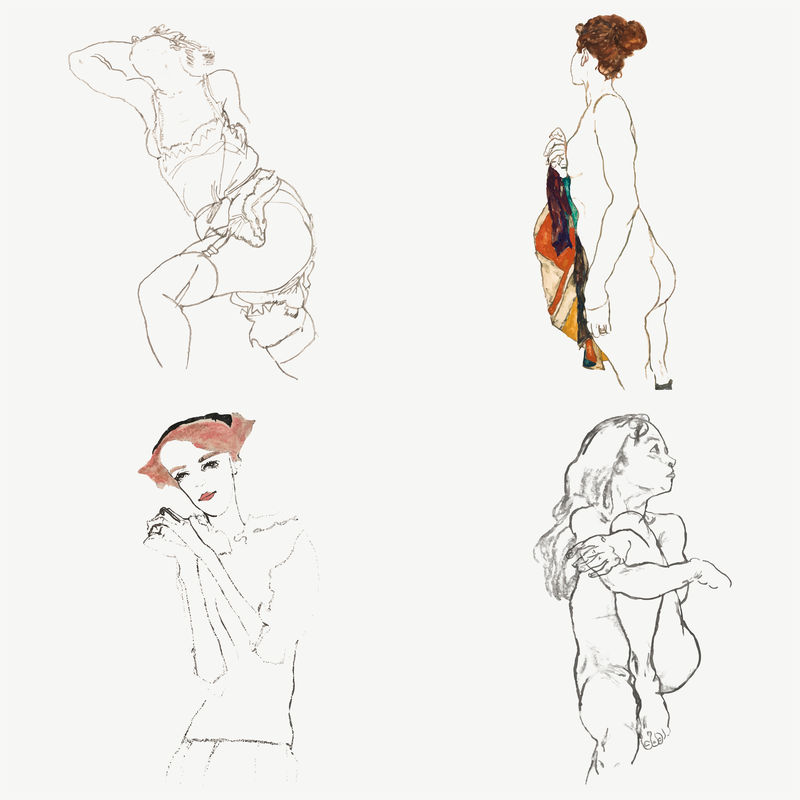 复古女性线条艺术绘画矢量集混合自埃贡·希勒的艺术作品
