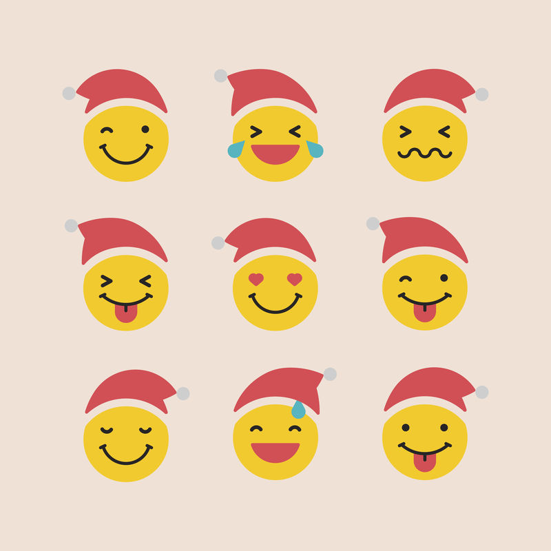 圆形黄色圣诞老人表情集隔离在米色背景向量