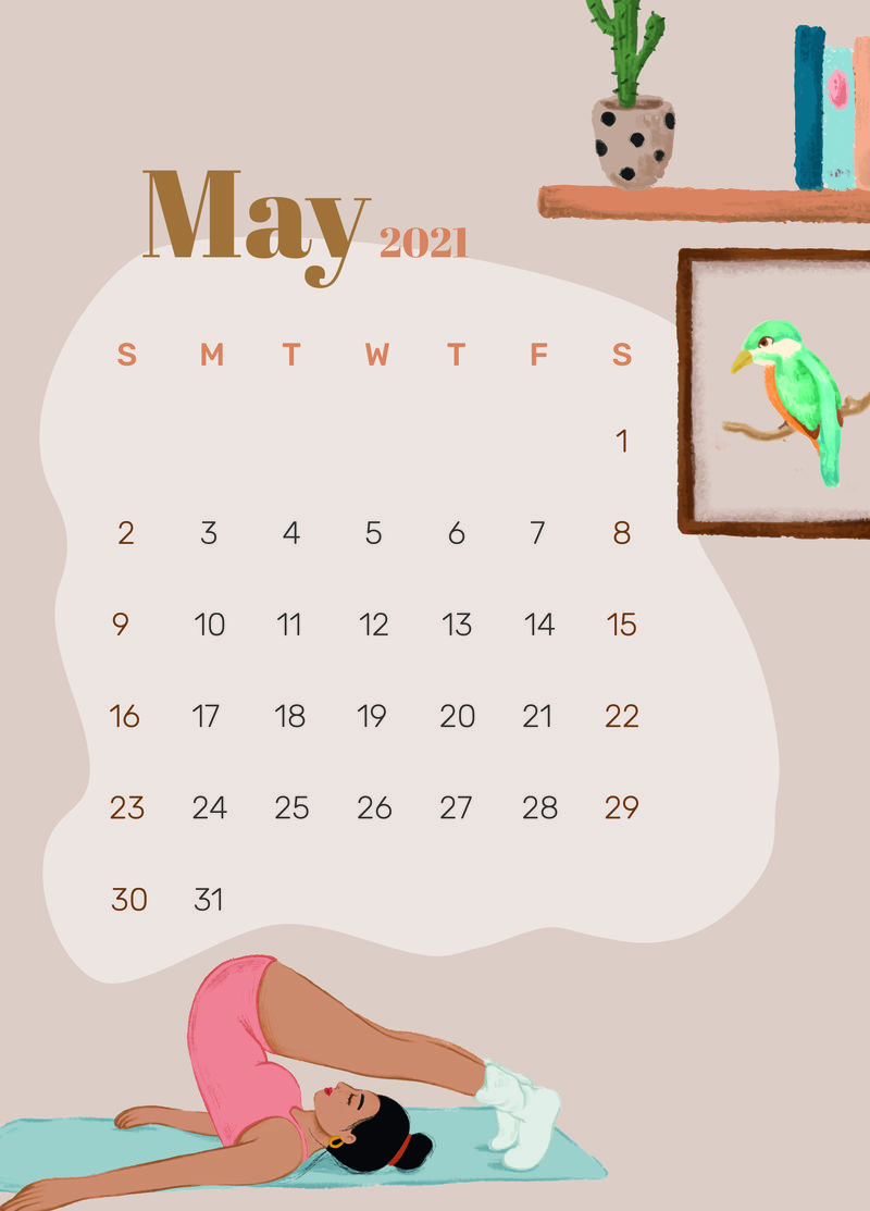 2021年5月日历可打印模板psd手绘生活方式