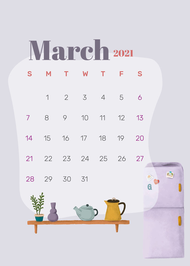 日历2021年3月可打印模板矢量手绘生活方式