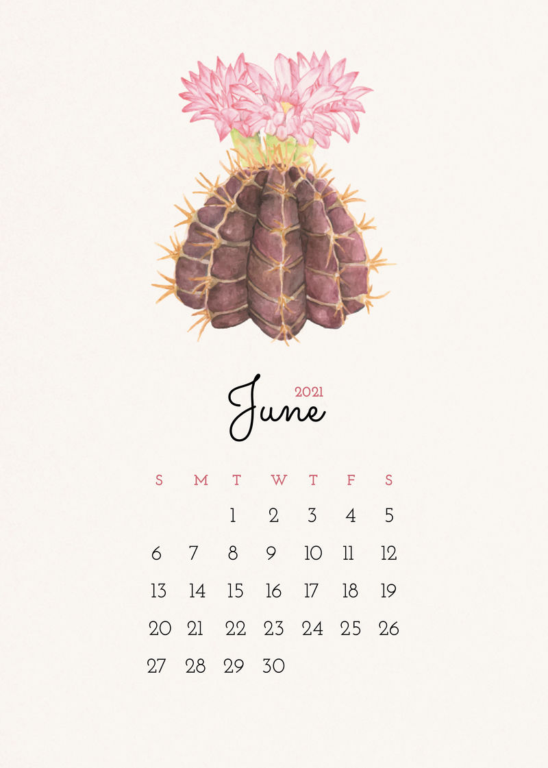 2021年6月可编辑日历模板矢量与水彩仙人掌插图