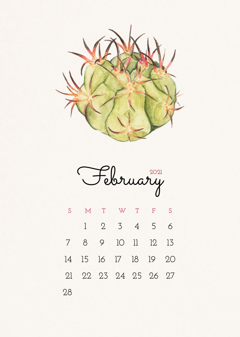2021年2月可编辑日历模板矢量与水彩仙人掌插图
